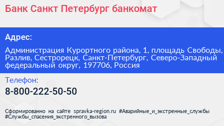 Банк Санкт Петербург банкомат - визитка