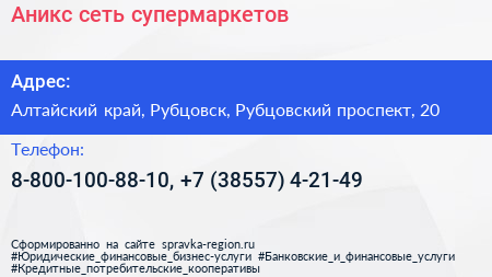Аникс сеть супермаркетов - визитка