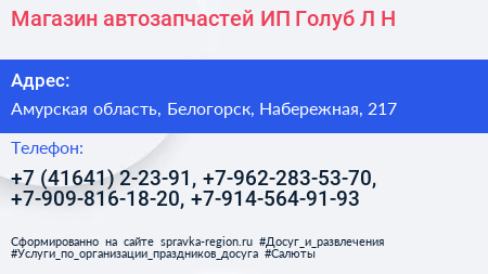 Магазин автозапчастей ИП Голуб Л Н  - визитка