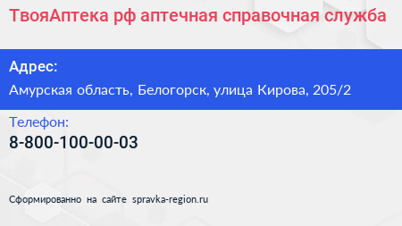 ТвояАптека рф аптечная справочная служба - визитка