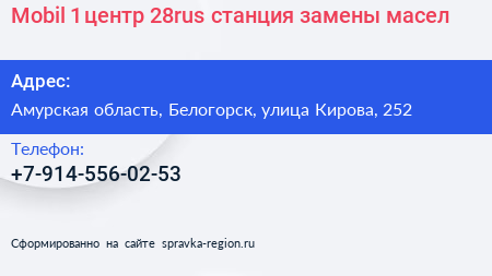 Mobil 1 центр 28rus станция замены масел - визитка