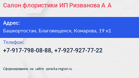 Салон флористики ИП Ризванова А А  - визитка