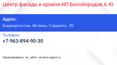 Центр фасада и кровли ИП Белобородов А Ю  - визитка