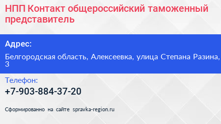 НПП Контакт общероссийский таможенный представитель - визитка