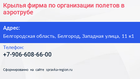 Крылья фирма по организации полетов в аэротрубе - визитка
