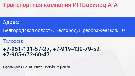Транспортная компания ИП Василец А А  - визитка
