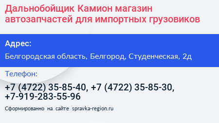 Дальнобойщик Камион магазин автозапчастей для импортных грузовиков - визитка