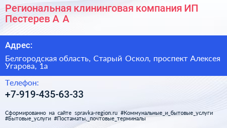 Региональная клининговая компания ИП Пестерев А А  - визитка