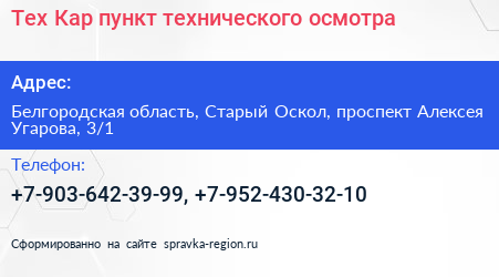 Тех Кар пункт технического осмотра - визитка