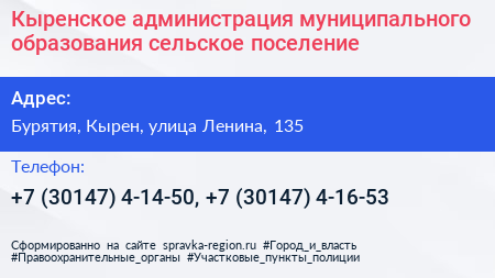 Кыренское администрация муниципального образования сельское поселение - визитка