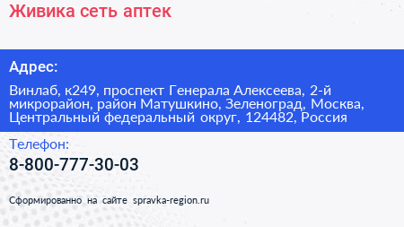 Живика сеть аптек - визитка