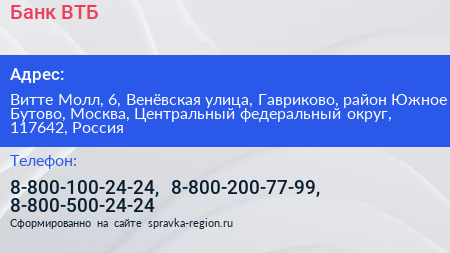 Банк ВТБ - визитка