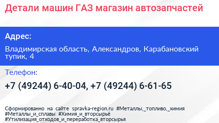 Детали машин ГАЗ магазин автозапчастей - визитка