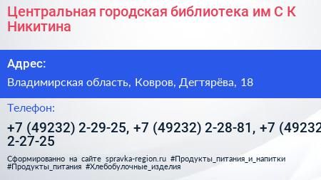 Центральная городская библиотека им С К Никитина - визитка