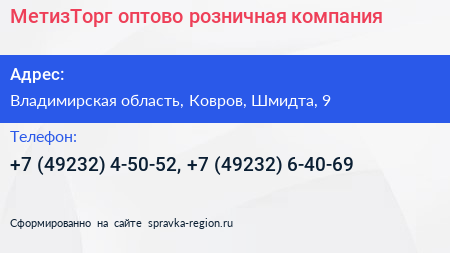 МетизТорг оптово розничная компания - визитка