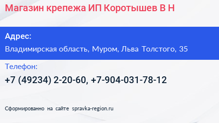 Магазин крепежа ИП Коротышев В Н  - визитка