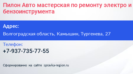 Пилон Авто мастерская по ремонту электро и бензоинструмента - визитка