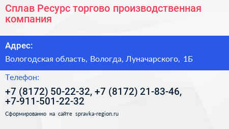 Сплав Ресурс торгово производственная компания - визитка