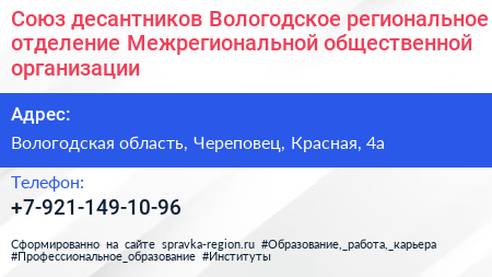 Союз десантников Вологодское региональное отделение Межрегиональной общественной организации - визитка