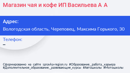 Магазин чая и кофе ИП Васильева А А  - визитка