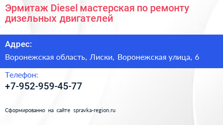 Эрмитаж Diesel мастерская по ремонту дизельных двигателей - визитка