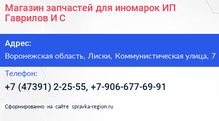 Магазин запчастей для иномарок ИП Гаврилов И С  - визитка
