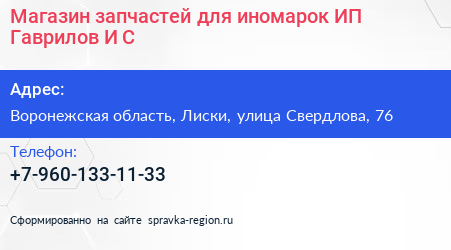 Магазин запчастей для иномарок ИП Гаврилов И С  - визитка