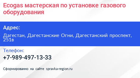 Ecogas мастерская по установке газового оборудования - визитка