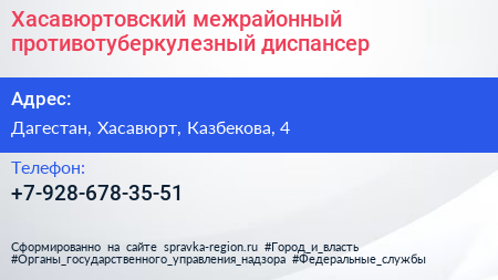 Нажмите, чтобы скачать визитку Хасавюртовский межрайонный противотуберкулезный диспансер - визитка
