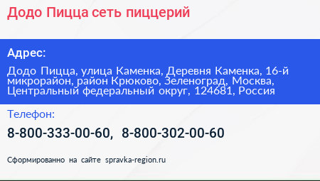 Додо Пицца сеть пиццерий - визитка