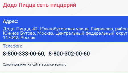 Додо Пицца сеть пиццерий - визитка