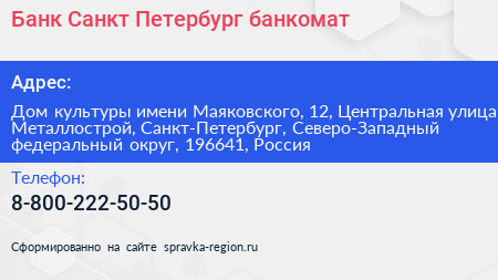Банк Санкт Петербург банкомат - визитка