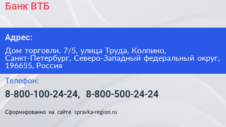 Банк ВТБ - визитка