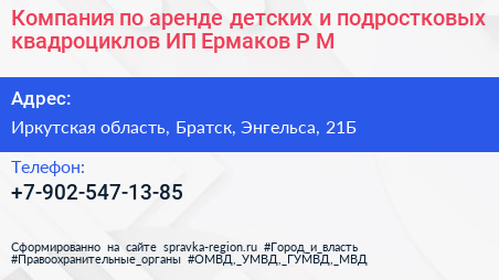Компания по аренде детских и подростковых квадроциклов ИП Ермаков Р М  - визитка