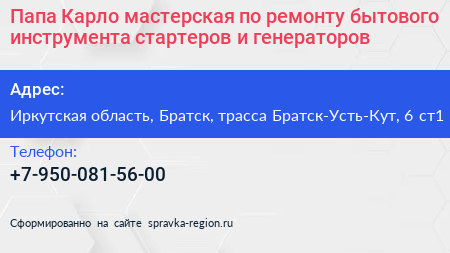 Папа Карло мастерская по ремонту бытового инструмента стартеров и генераторов - визитка