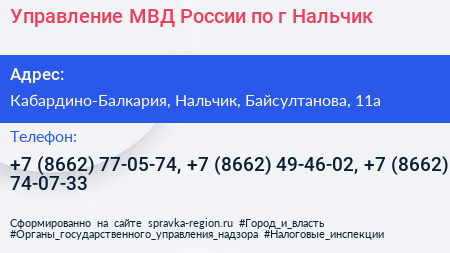 Управление МВД России по г Нальчик - визитка