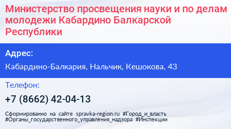 Министерство просвещения науки и по делам молодежи Кабардино Балкарской Республики - визитка