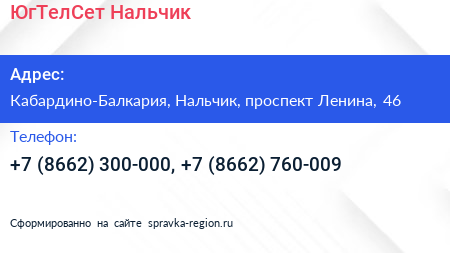 ЮгТелСет Нальчик - визитка