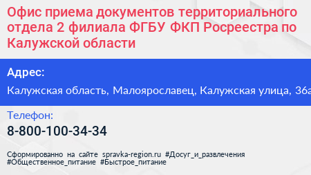 Офис приема документов территориального отдела 2 филиала ФГБУ ФКП Росреестра по Калужской области - визитка