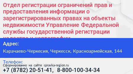 Отдел регистрации ограничений прав и предоставления информации о зарегистрированных правах на объекты недвижимости Управление Федеральной службы государственной регистрации кадастра и картографии - визитка