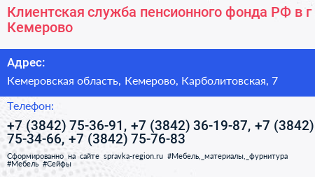 Клиентская служба пенсионного фонда РФ в г Кемерово - визитка