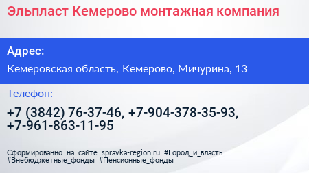 Эльпласт Кемерово монтажная компания - визитка