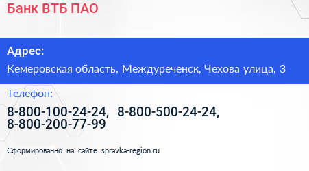 Банк ВТБ ПАО - визитка