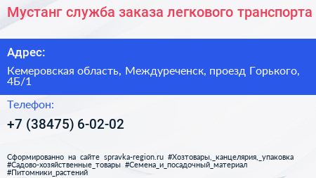 Мустанг служба заказа легкового транспорта - визитка