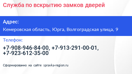 Служба по вскрытию замков дверей - визитка