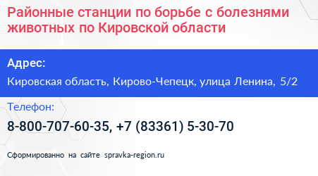 Районные станции по борьбе с болезнями животных по Кировской области - визитка