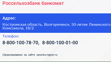 Россельхозбанк банкомат - визитка