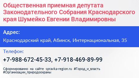 Общественная приемная депутата Законодательного Собрания Краснодарского края Шумейко Евгении Владимировны - визитка
