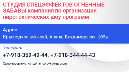 СТУДИЯ СПЕЦЭФФЕКТОВ ОГНЕННЫЕ ЗАБАВЫ компания по организации пиротехнических шоу программ - визитка