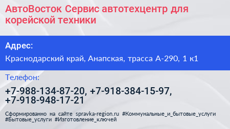 АвтоВосток Сервис автотехцентр для корейской техники - визитка